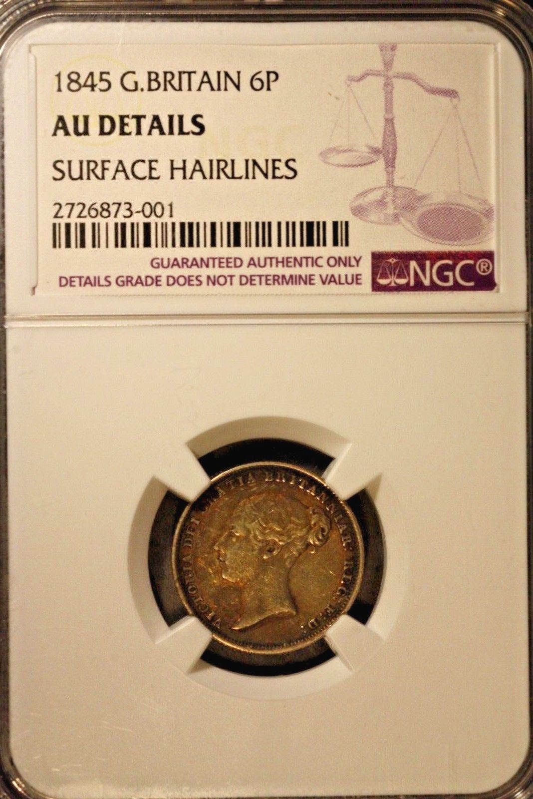 1845 Great Britain 6 Pence NGC AU Details