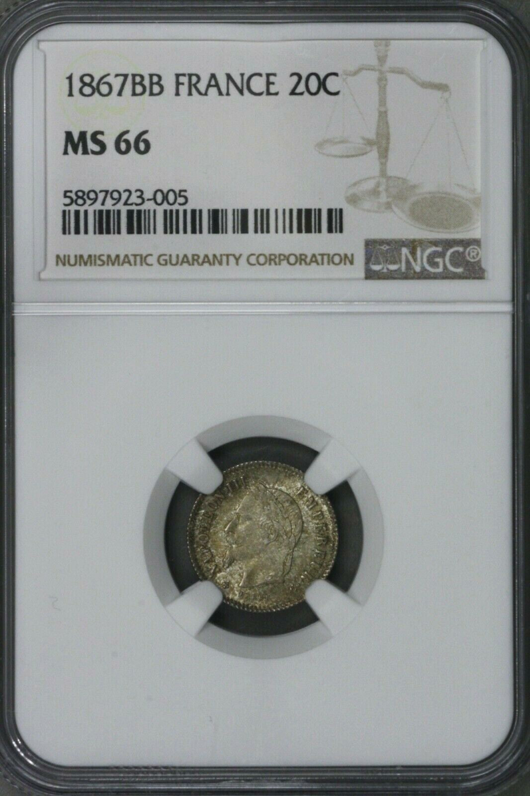 France 1867 BB 20 Centimes NGC MS 66 S280