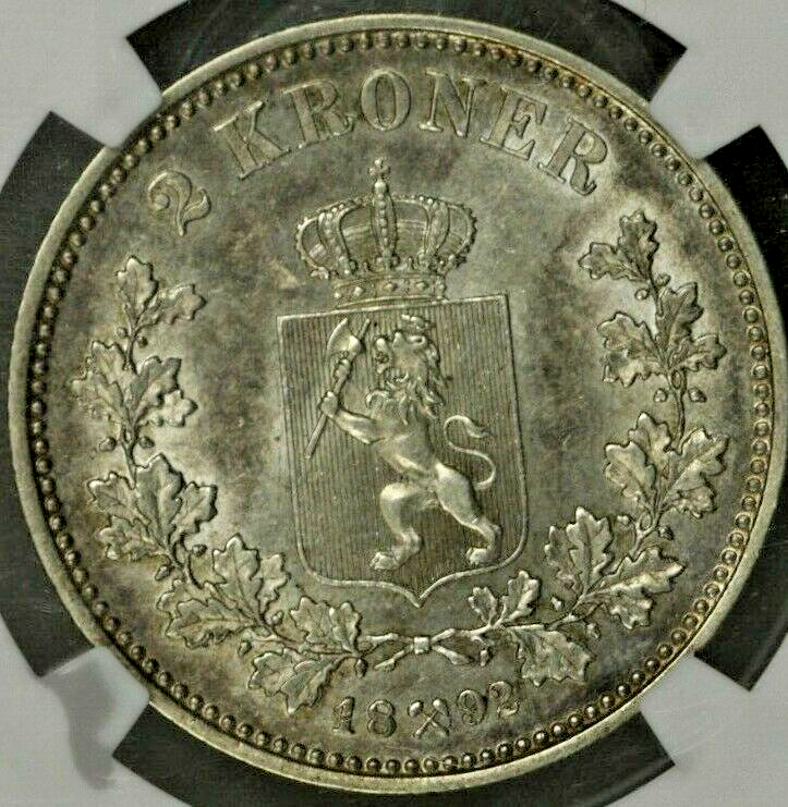 Norway 2 Kroner 1892 NGC AU55 Top Pop!!! Next Closest is VF !! RARE !! S182