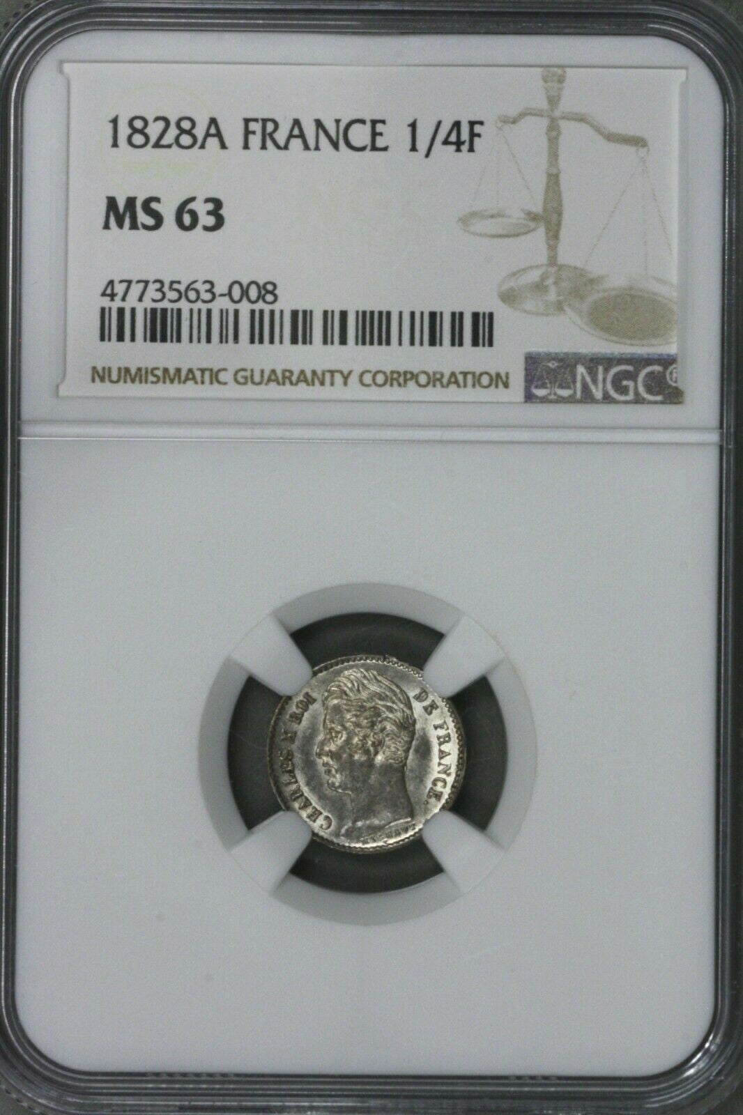 France 1828 A 1/4 Franc NGC MS 63 S281
