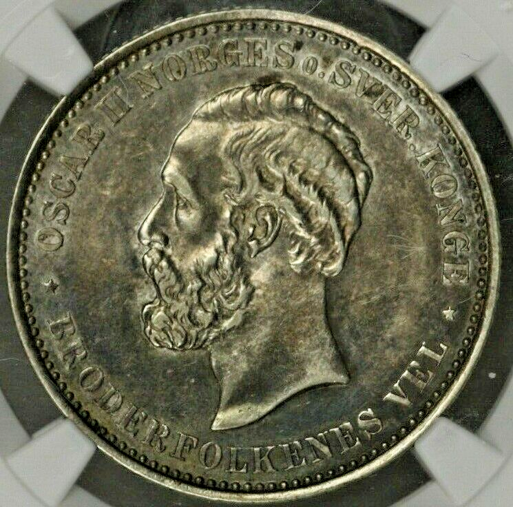 Norway 2 Kroner 1892 NGC AU55 Top Pop!!! Next Closest is VF !! RARE !! S182