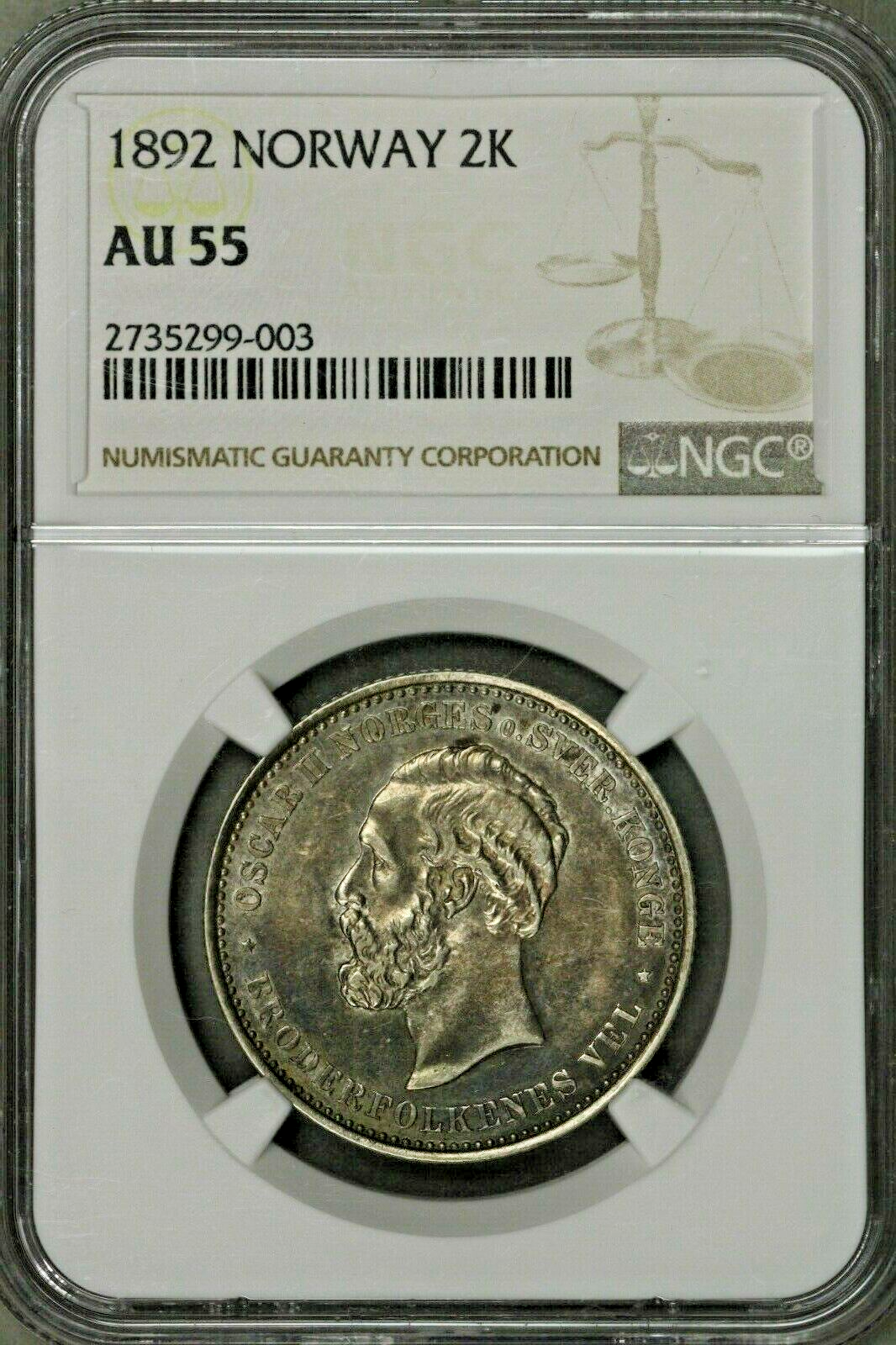 Norway 2 Kroner 1892 NGC AU55 Top Pop!!! Next Closest is VF !! RARE !! S182