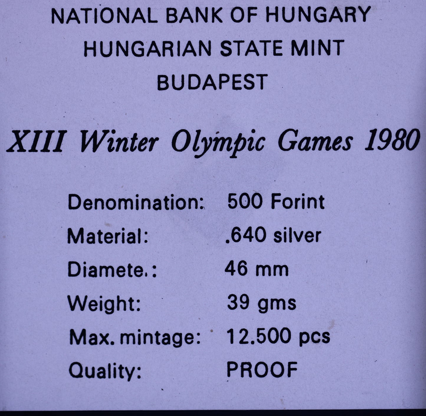 Hungary 1980 Winter Olympic Games 500 Forint A3493
