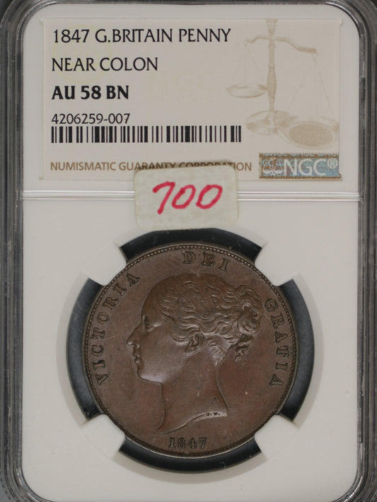 Great Britain 1847 Penny K-739 NGC AU58 BN NEAR COLON