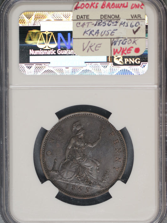 Great Britain 1865 Penny K-749.2 NGC AU55 BN