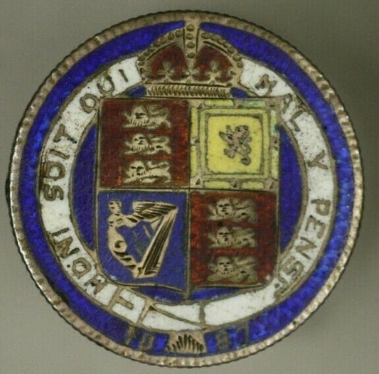 Great Britain Silver Shilling 1887 Broken Pin Back Enamel Coat of Arms   A2457