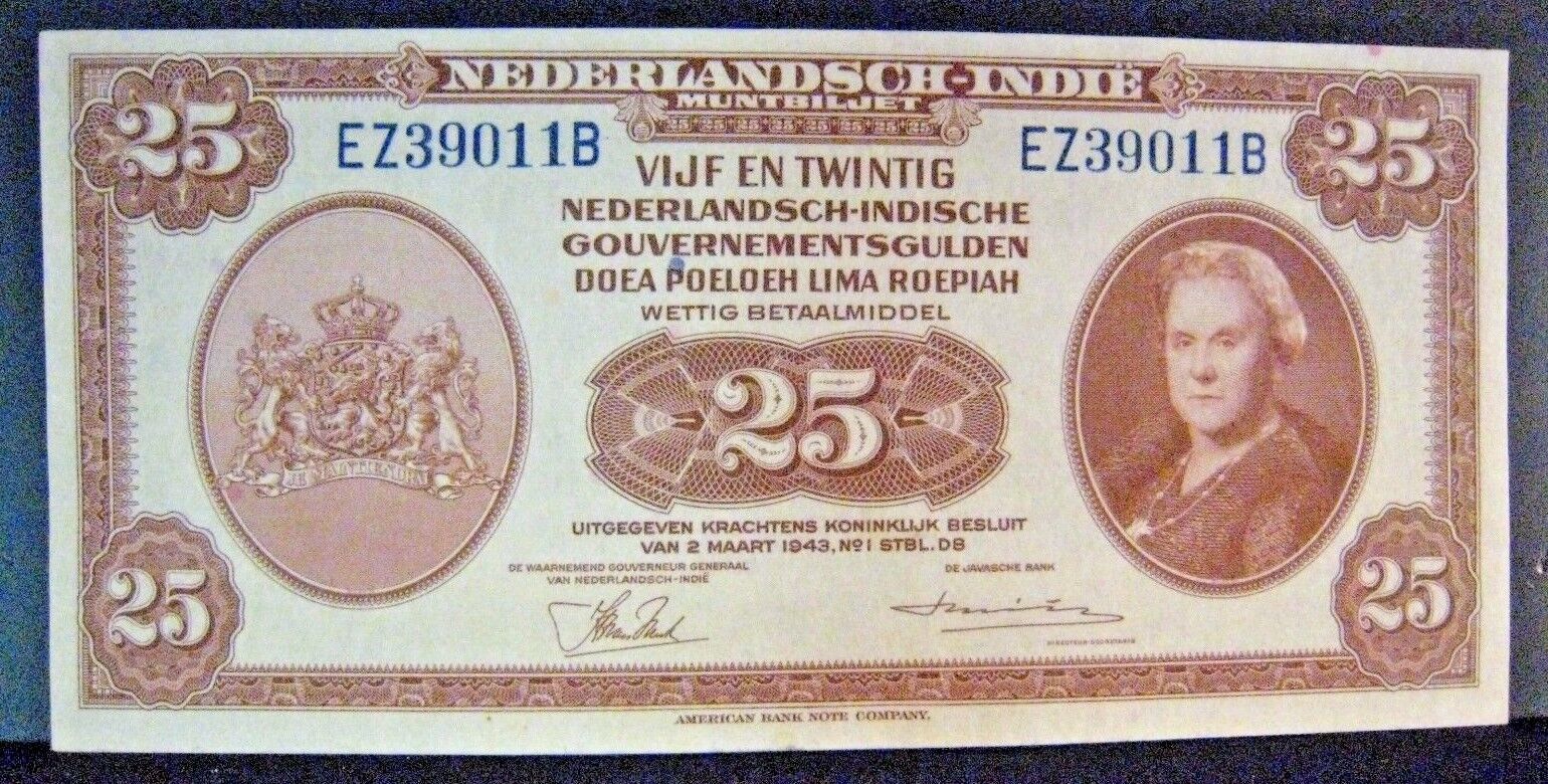 1943 Netherlands Indies 25 Gulden Bank Note High Grade
