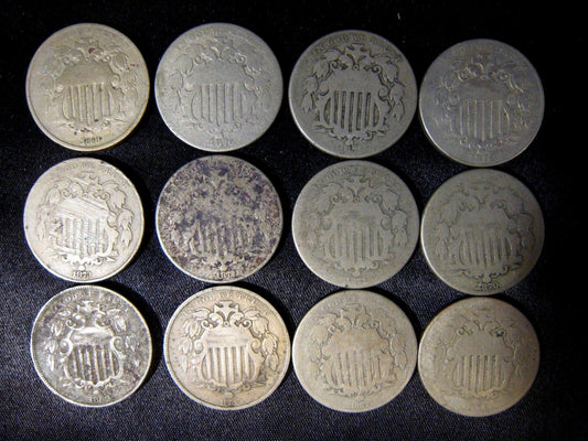 1866-76 Shield Nickels Date Run of 12 Coins, Circs 
