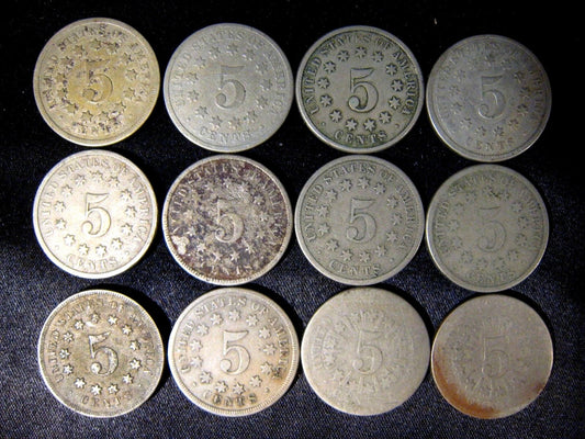 1866-76 Shield Nickels Date Run of 12 Coins, Circs 
