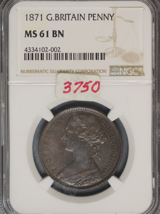 Great Britain 1871 Penny K-749.2 NGC MS61 BN KEY DATE