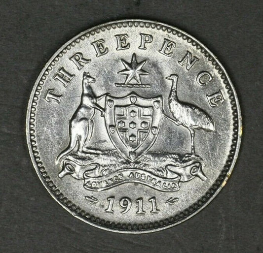Australia 1911 3 Pence XF/AU Wiped Clashed Die   A3047