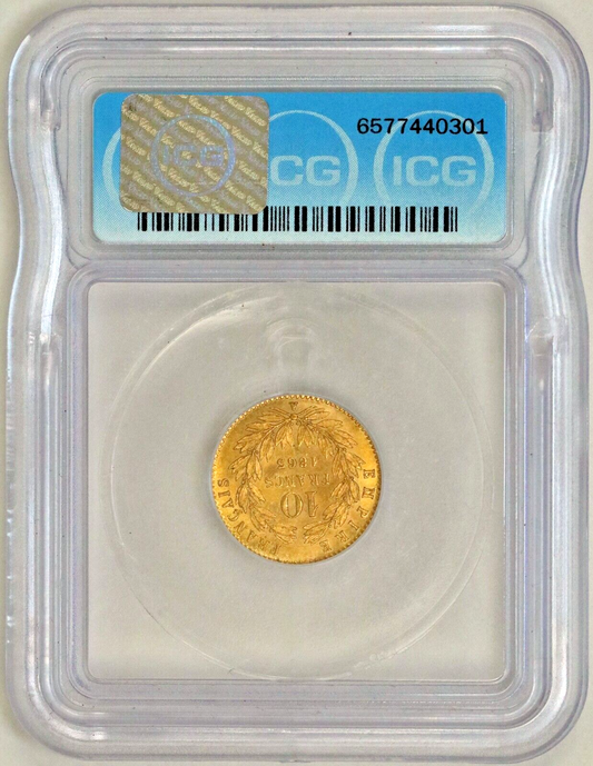 France 1863-A 10 Francs Gold KM# 800.1 (ICG) MS65 D051