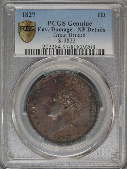 Great Britain 1827 Penny K-693 PCGS XF DETAILS ENV. DAMAGE