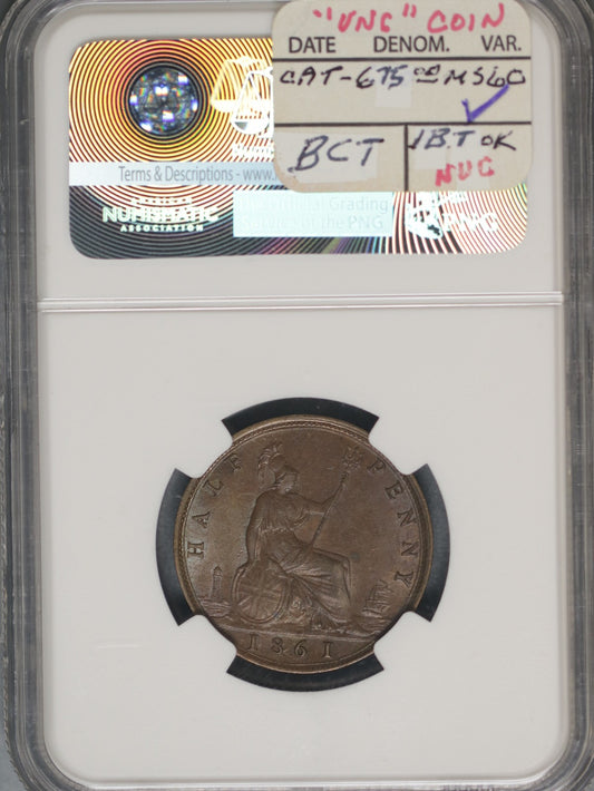 Great Britain 1861 1/2 Penny K-748.2 NGC AU58 BN 4 Berries