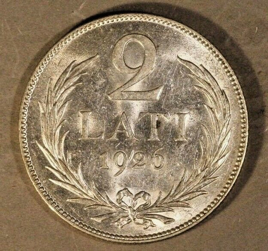 1926 Latavia 2 Lati Silver High Grade Nice  