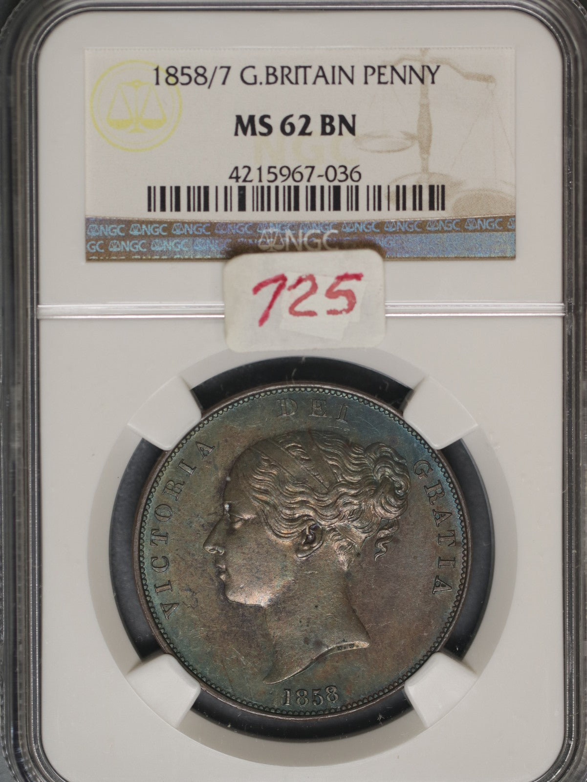 Great Britain 1858/7 Penny K-739 NGC MS62 BN